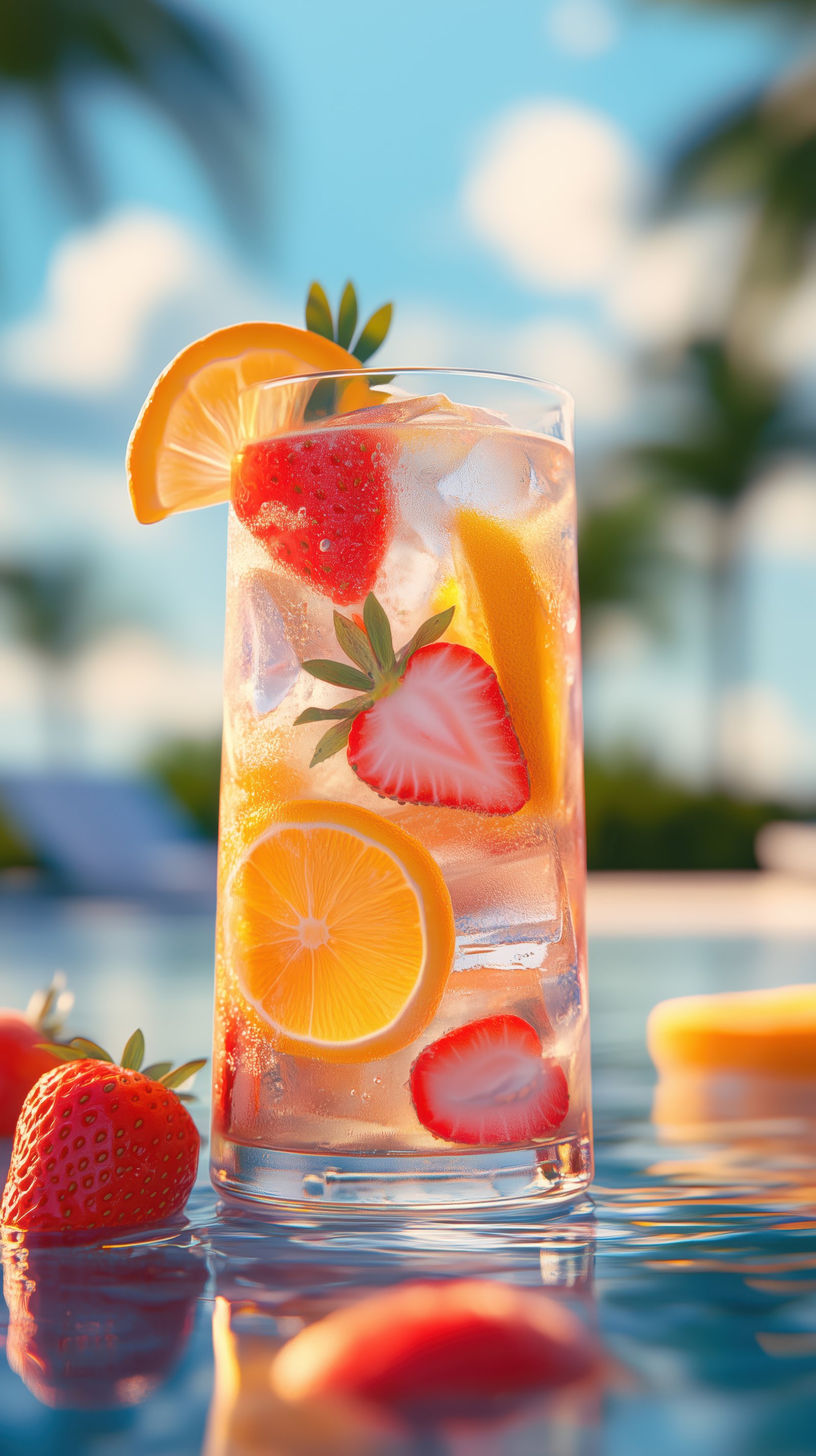 Refreshing summer drink with fresh fruits by the poolside in sunny weather